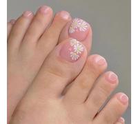 Caiguoer Lot de 24 faux ongles d'orteils carrés pour femme et fille Motif marguerite