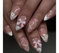 Caiguoer Lot de 24 faux ongles en forme d'amande avec nœud rose nude et fleur française à presser pour femmes et filles