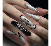Caiguoer Lot de 24 faux ongles en forme de croix, en dentelle, noirs, pour Halloween - Pour femmes et filles (C)