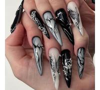 Caiguoer Lot de 24 faux ongles en forme de croix, en dentelle, noirs, pour Halloween - Pour femmes et filles (D)