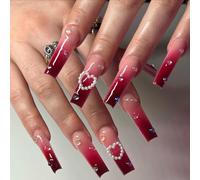 Caiguoer Lot de 24 faux ongles longs carrés rouges à presser pour femme et fille
