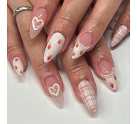 Caiguoer Lot de 24 faux ongles longs en forme d'amande - Fraises - Pour femme et fille