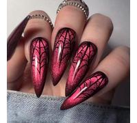 Caiguoer Lot de 24 faux ongles pointus rouges pour Halloween - Dégradé - Longs - Pour femmes et filles (A)