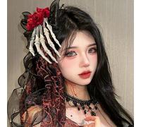 Caiguoer Pince à cheveux gothique avec motif squelette et voile noir - Rose rouge - Accessoire d'Halloween - Coiffe pour femme