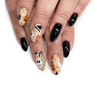 Caiguuer 24pcs fantômes citrouille araignée toile Halloween faux ongles crâne noir court faux ongles femmes et les filles presser les ongles (D, Une taille)