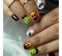 Caiguuer 24pcs fantômes citrouille faux ongles Halloween court faux ongles femmes et filles presser les ongles (A, Une taille)