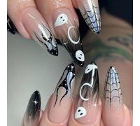 Caiguuer 24pcs pointe d'araignée toile Halloween faux ongles fantômes faux ongles foncé long ongles pressés pour les femmes et les filles