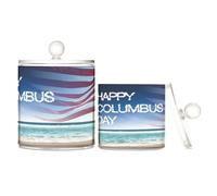 Caihoyu Lot de 2 boîtes de rangement en plastique transparent avec couvercle Happy Columbus Day with Us Flag - Petits bacs de rangement décoratifs pour cotons-tiges, coton