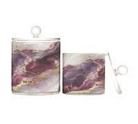 Caihoyu Lot de 2 petites boîtes de rangement décoratives en plastique transparent avec couvercle pour cotons-tiges, marbre bordeaux, blanc et transparent