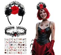 CaiJianYuLin Bandeau Halloween Toile d'araignée Serre Tete Halloween Collier Tatouage Araignée avec 30 feuilles pour Femme Filles Accessoire carnaval, cosplay de carnaval