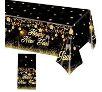 CAIKAILIOR Deco Nouvel an 2026 Nappe Decoration an 2026 Linge de Table,de Happy New Year ImperméAble Rectangulaire en Plastique pour,Bonne Année Fournitures Fête,Jour de L'an,Noir Or Décorations