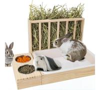 Caisse à litière pour Lapin 3 en 1 en Bois avec mangeoire à Foin et Deux Bols INOX, Station d’Alimentation démontable pour Cochon d’Inde, Lapin Nain, Hamster, Chinchilla, Accessoire de Cage Anti