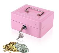 Caisse à Monnaie et Billets,caisse monnaie,Caissette à monnaie Rose 15 cm,Coffre-fort pour argent,Caissette à Monnaie Serrure avec 2 Clés Petit Coffre Fort Double Couche 6 Compartiments,15x12x7.5cm