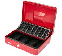 Caisse à monnaie HMF verrouillable, caisse avec monnayeur euro, 4 compartiments à billets | 30,5 x 24 x 9 cm | Rouge