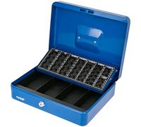 Caisse à monnaie HMF verrouillable, caisse avec monnayeur euro, 4 compartiments à billets | 30,5 x 24 x 9 cm | Bleu