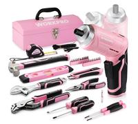 Caisse a Outils Complete Rose 73 Pieces avec Tournevis sans Fil 3,7 V WORKPRO, Boite a Outils Complete avec Boite en Fer Portable, Mallette a Outils pour Reparation Dommestique ou de Travail