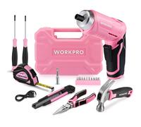 Caisse a Outils Rose 18 Pieces avec Tournevis Electrique 3,7 V WORKPRO, Trousse a Outils avec Boite de Rangement, Mallette a Outils pour Usage Domestique ou Petits Travaux