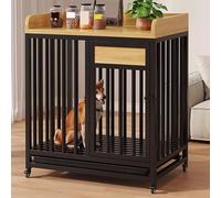 Caisse Chien Cage Chien Interieur Chenil for Chien Exterieur Cadre en Acier Et Bois roulettes Et Plateau Verrouillables Rangement Supérieur Noir, Blanc(Black,80 * 60 * 85cm)