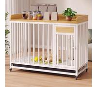 Caisse Chien Cage Chien Interieur Chenil for Chien Exterieur Cadre en Acier Et Bois roulettes Et Plateau Verrouillables Rangement Supérieur Noir, Blanc(White,114 * 80 * 95cm)
