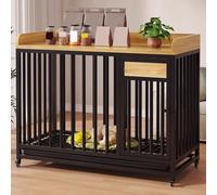 Caisse Chien Cage Chien Interieur Chenil for Chien Exterieur Cadre en Acier Et Bois roulettes Et Plateau Verrouillables Rangement Supérieur Noir, Blanc(Black,114 * 80 * 95cm)