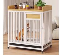 Caisse Chien Cage Chien Interieur Chenil for Chien Exterieur Cadre en Acier Et Bois roulettes Et Plateau Verrouillables Rangement Supérieur Noir, Blanc(White,80 * 60 * 85cm)