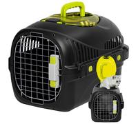 Caisse de transport pour chat PELUVIO Safy - 50 x 32 x 32,5 cm - Poignée pliable - Gamelle sur la porte - Grille amovible - Noir