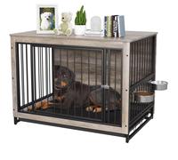 Caisse en bois pour chiens - Parc pour chiens - Cage pour chiens Table d'appoint avec écuelles et plateau amovibles - Caisse pour chiens à double porte pour chiens de taille moyenne Intérieur