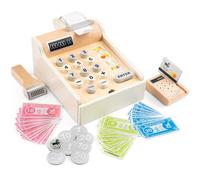 New Classic Toys Caisse enregistreuse en bois 10651 – Billets, scanner, carte bancaire – Blanche