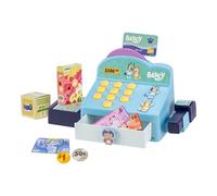 Caisse enregistreuse Bluey. Les Boutons émettent des bips, des Sons et des répliques de Bluey et Bingo. Scanne des Articles comme si tu gérais Un Magasin. Contient Une Carte bancaire et de l’Argent !
