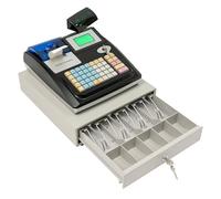 Caisse enregistreuse électronique avec 2 écrans et tiroir à caisse (système anglais), 5 compartiments pour pièces de monnaie et 4 billets, clavier à 48 touches, pour le commerce et les petites