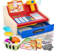 Caisse Enregistreuse Enfants Pour Enfants De 3 À 5 Ans, Caisse Enregistreuse Jouet En Bois Avec Scanner Et Sons, Marchande Pour Enfant Avec Argent Jouet/Pièces/Carte Bancaire/Panier/Accessoires (Bleu)