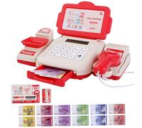 Caisse enregistreuse Jouet avec Scanner, Fonction Calculatrice, Caisse enregistreuse pour Enfants avec Simulation d'argent, Carte de crédit, achats éducatifs jusqu'à Jouets de Jeu rôle, Rouge, jou