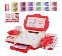 Caisse enregistreuse jouet avec scanner, fonction calculatrice, caisse enregistreuse pour enfants avec simulation d'argent, carte de crédit, achats éducatifs jusqu'à jouets de jeu rôle, rouge, jou