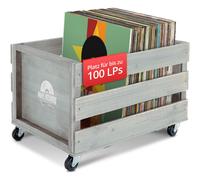Caisse Range en Bois Retro 100 Disques Vinyles Rangement avec 4 Roulettes Grise