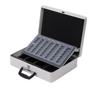 Caisse Relaxdays verrouillable, compartiment à monnaie et à billets, poignée, H x L x P : 10 x 37 x 28 cm, métal, blanc