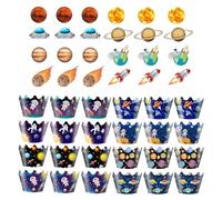 caissettes à cupcakes, Lot de 48 Décorations et Emballages Cupcakes Thème Espace Décorations de Fête Spatiale, Astronautes, Fusées, Satellites, Sondes Planètes, Motif Galaxie, Décoration de Gâteau