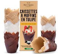 Caissettes Cupcake Tulipe, 150 Pcs - Blanc, Beige et Marron, Moule à Muffin Papier Jetable - pour la Maison ou les Fêtes - Résistants à la Graisse, Faciles à Retirer par Baker's Signature