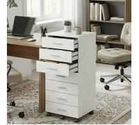 Caisson de Bureau à Roulettes, Support pour Imprimante, avec 7 Tiroirs, Rails Coulissants, Blanc