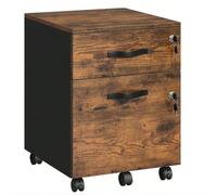 Caisson de Bureau à Roulettes, Verrouillable, avec 2 Tiroirs, 5 Roulettes, Barre de Suspension Réglables, Marron Rustique et Noir