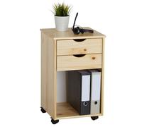 Caisson de bureau KANO, meuble de rangement sur roulettes avec 2 tiroirs et 1 niche, en pin massif naturel