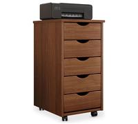 Caisson de bureau LAGOS L 35 cm, en bois massif, meuble de rangement sur roulettes avec 5 tiroirs, coloris brun foncé