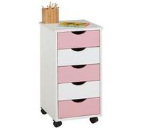 Caisson de bureau sur roulettes LAGOS, avec 5 tiroirs lasuré blanc et rose