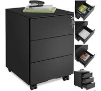Caisson de bureau - TECTAKE - Desserte à roulettes MAGNA avec 3 tiroirs verrouillables en acier revêtu par poudre - Noir
