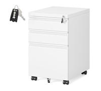 Caisson Mobile à Roulettes, 3 Tiroirs Verrouillables en Acier, Meuble de Bureau pour Domicile, Support Imprimante, Blanc
