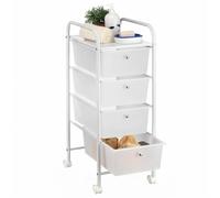 IDIMEX Caisson sur roulettes GINA Chariot avec 4 tiroirs en Plastique Blanc Transparent et 1 étagère, Meuble de Rangement pour Salle de Bain en métal laqué Blanc