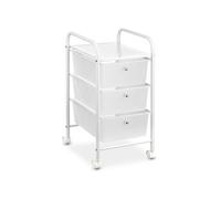Caisson sur roulettes GINA chariot avec 3 tiroirs en plastique blanc transparent et 1 étagère, rangement salle de bain métal blanc