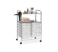 IDIMEX Caisson sur roulettes Marita Chariot avec 9 tiroirs en Plastique Blanc Transparent et 2 étagères avec Anneau Porte sèche Cheveux, Meuble de Rangement pour Salle de Bain en métal chromé