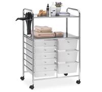 Caisson sur roulettes MARITA chariot 9 tiroirs en plastique blanc transparent et 2 étagères, rangement salle de bain en métal