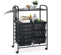 Caisson sur roulettes MARITA chariot 9 tiroirs en plastique noir et 2 étagères, rangement salle de bain en métal laqué noir