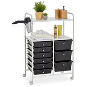 Caisson sur roulettes MARITA chariot 9 tiroirs en plastique noir et 2 étagères, rangement salle de bain en métal blanc